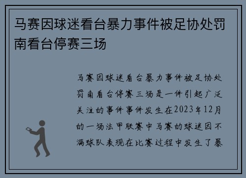 马赛因球迷看台暴力事件被足协处罚南看台停赛三场
